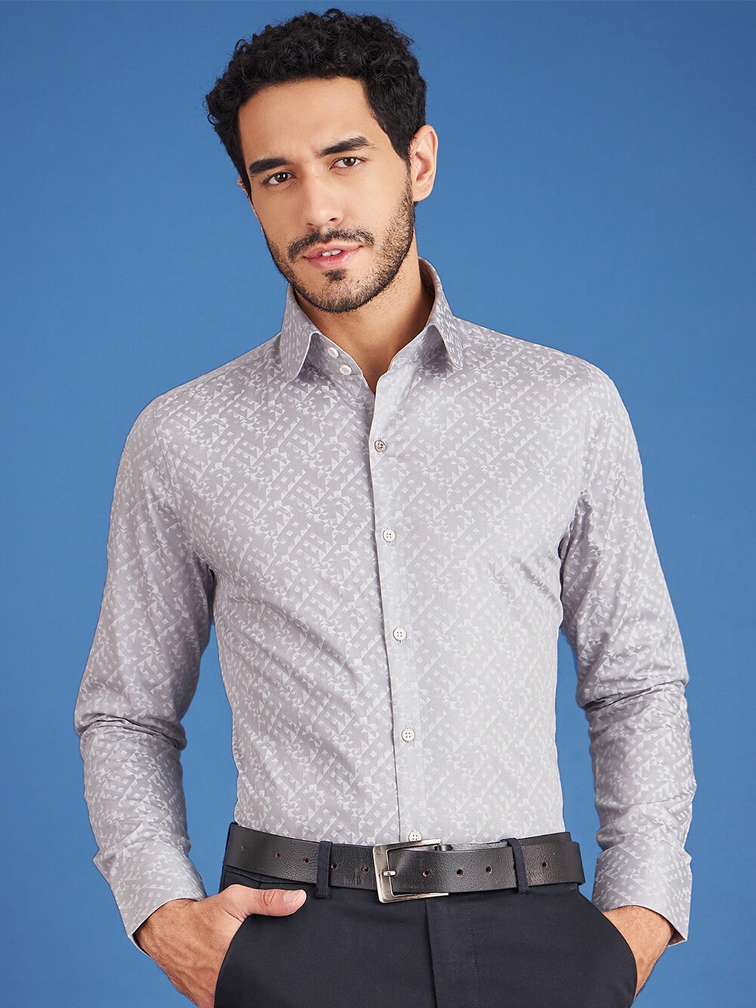 

LOUIS STITCH Comfort Fit Geometric Printed Club Collar Cotton Formal Shirt, Grey