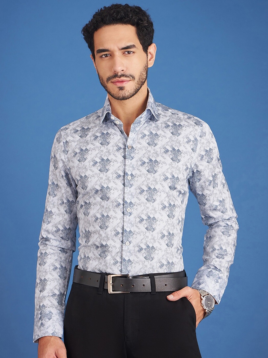 LOUIS STITCH Comfort Abstract Printed Club Collar Cotton Formal Shirt, Grey