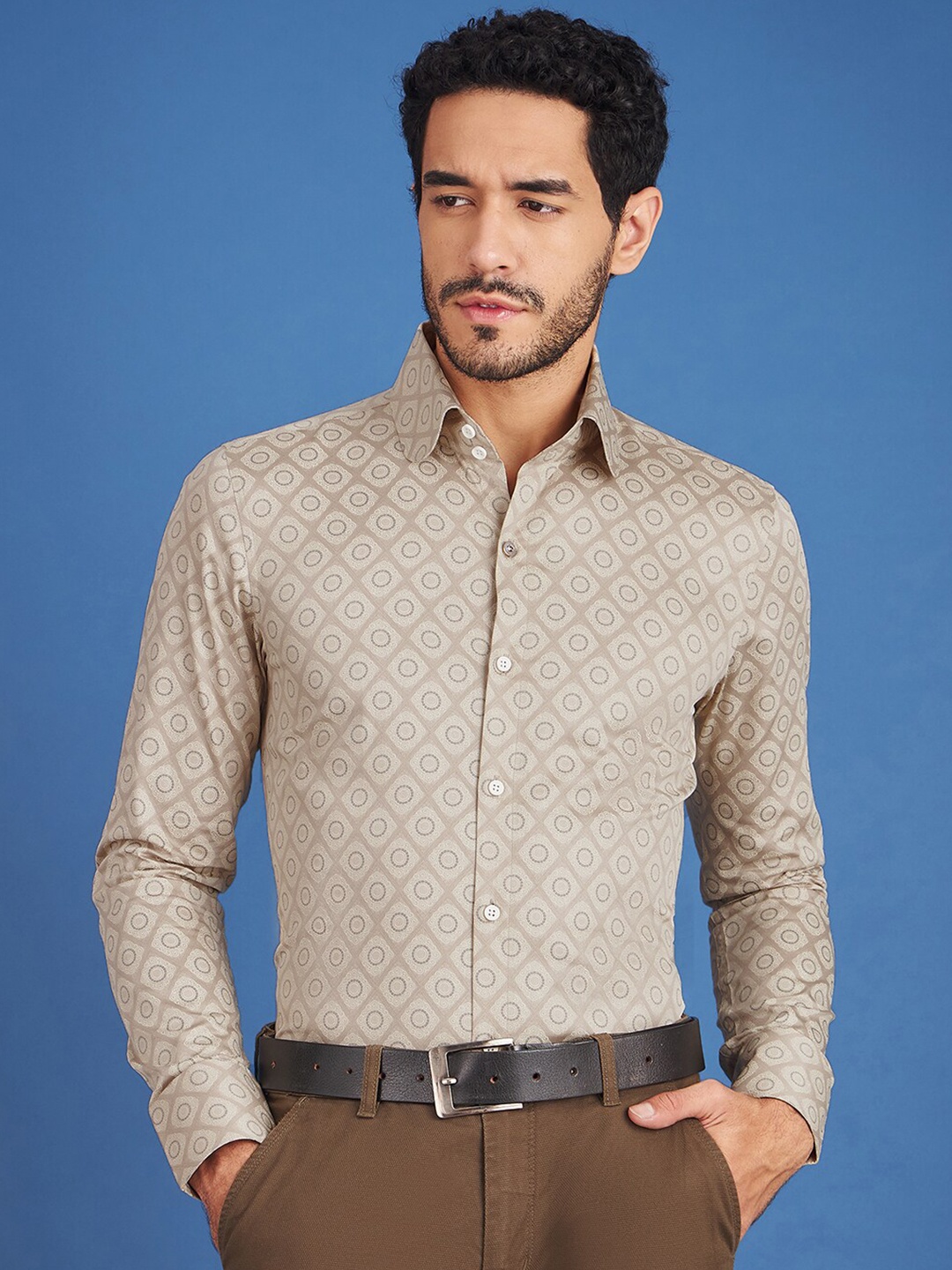 

LOUIS STITCH Comfort Geometric Printed Cotton Formal Shirt, Cream