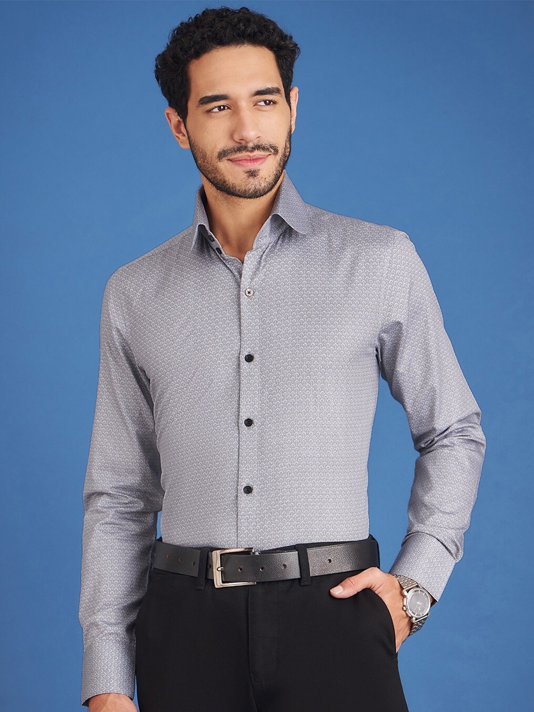 

LOUIS STITCH Comfort Ethnic Motifs Printed Cotton Casual Shirt, Grey