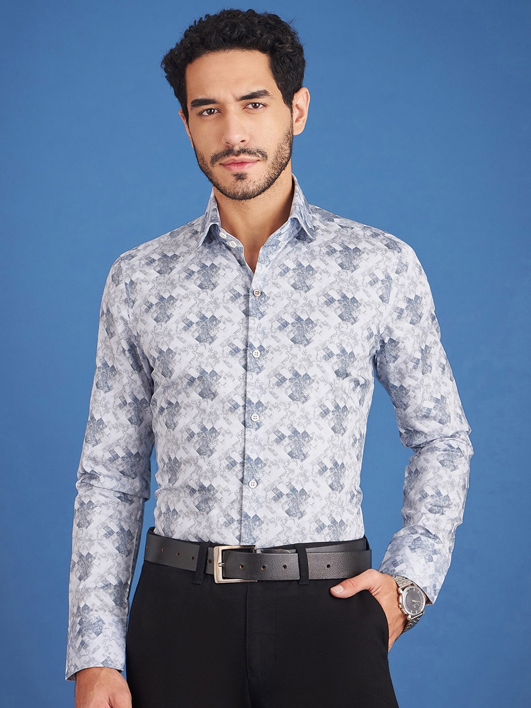 

LOUIS STITCH Comfort Opaque Floral Printed Spread Collar Cotton Formal Shirt, Blue