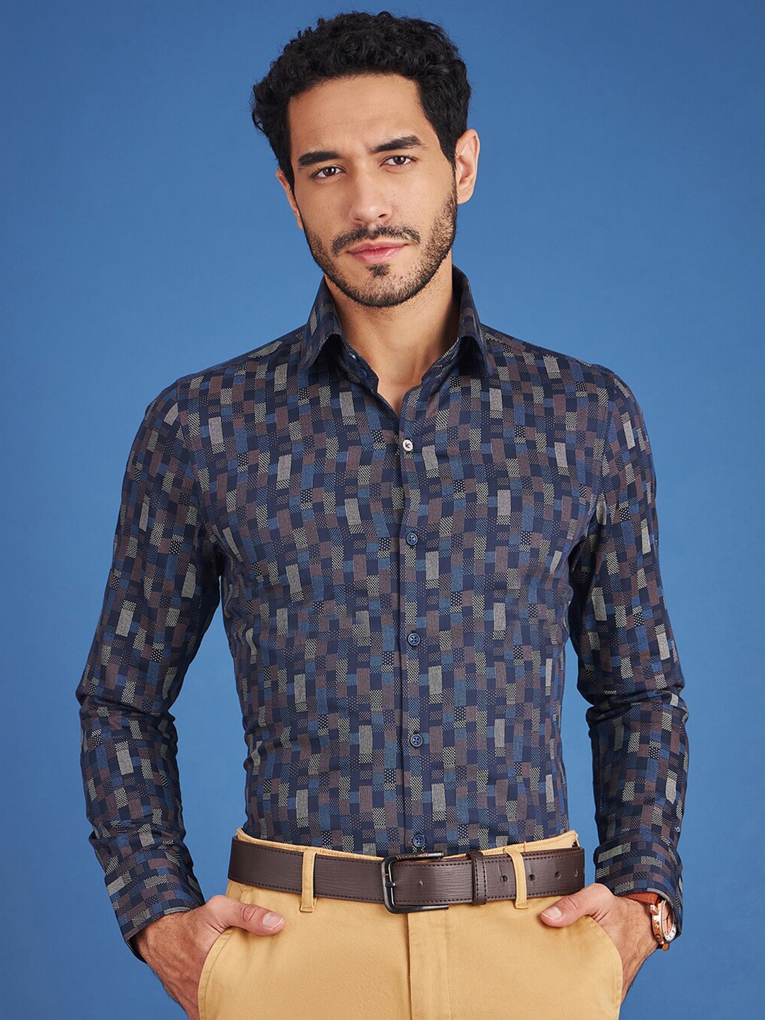 

LOUIS STITCH Comfort Geometric Printed Cotton Casual Shirt, Navy blue