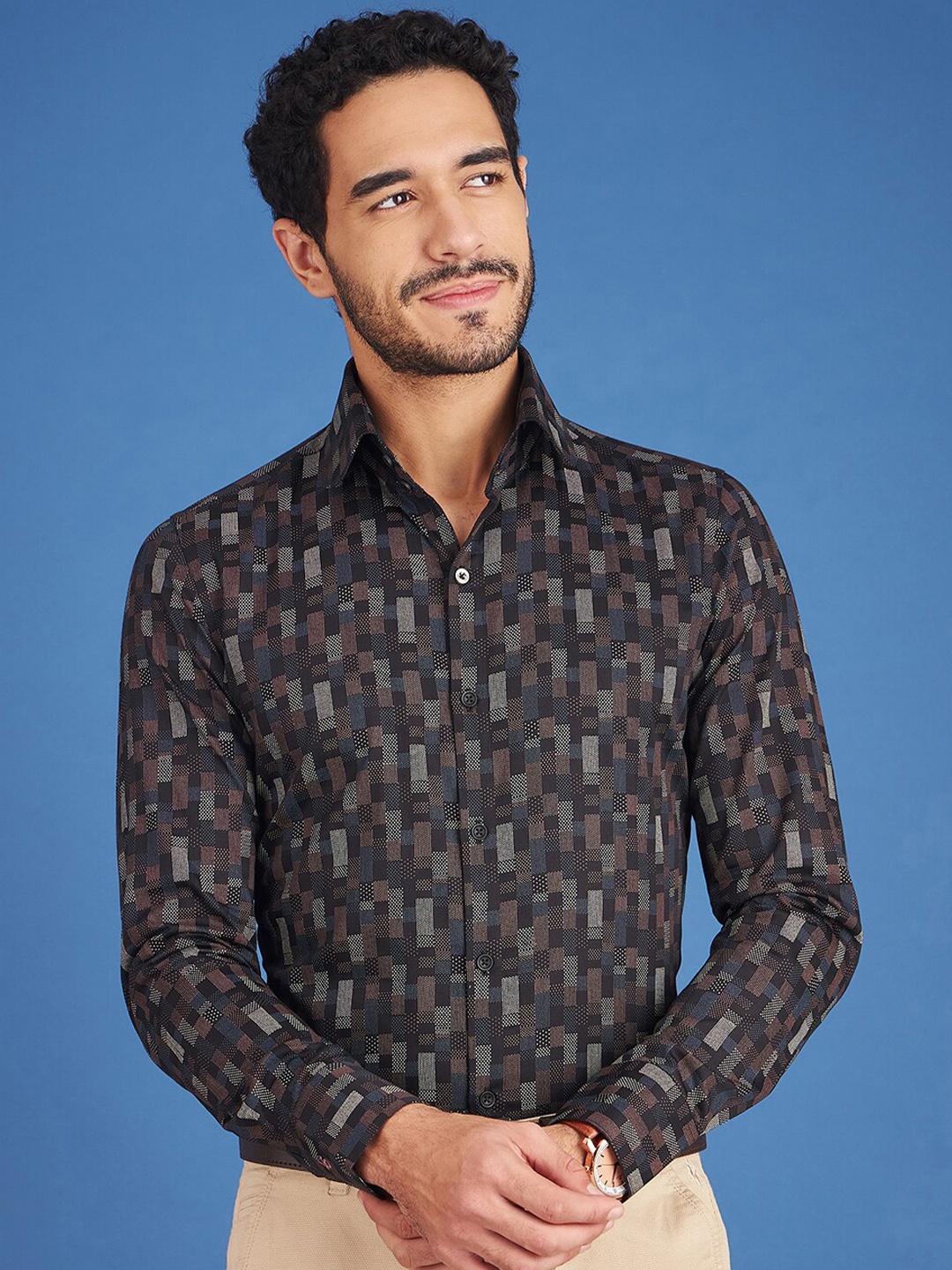 

LOUIS STITCH Comfort Geometric Printed Cotton Formal Shirt, Black