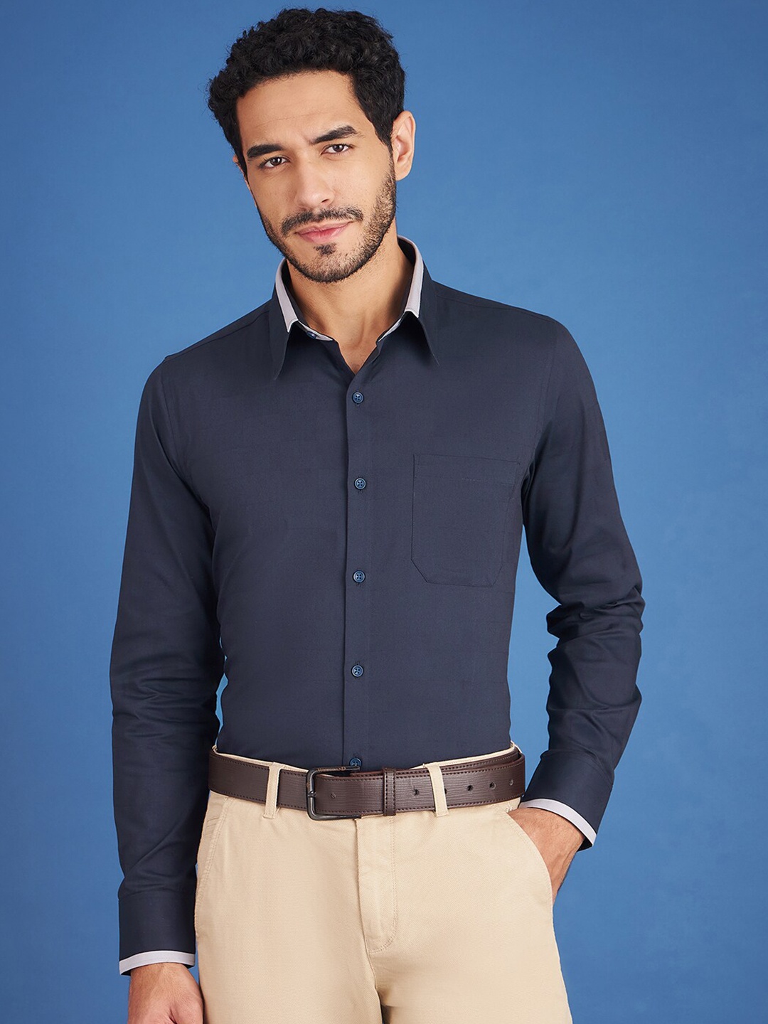 

LOUIS STITCH Comfort Fit Club Collar Pure Cotton Formal Shirt, Navy blue