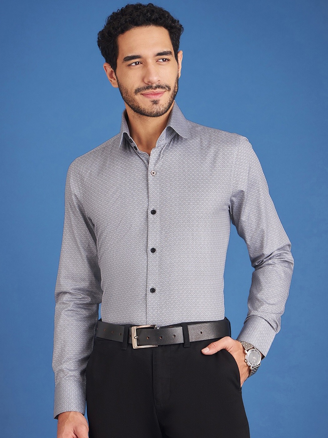 LOUIS STITCH Comfort Fit Micro Ditsy Printed Cotton Formal Shirt, Grey