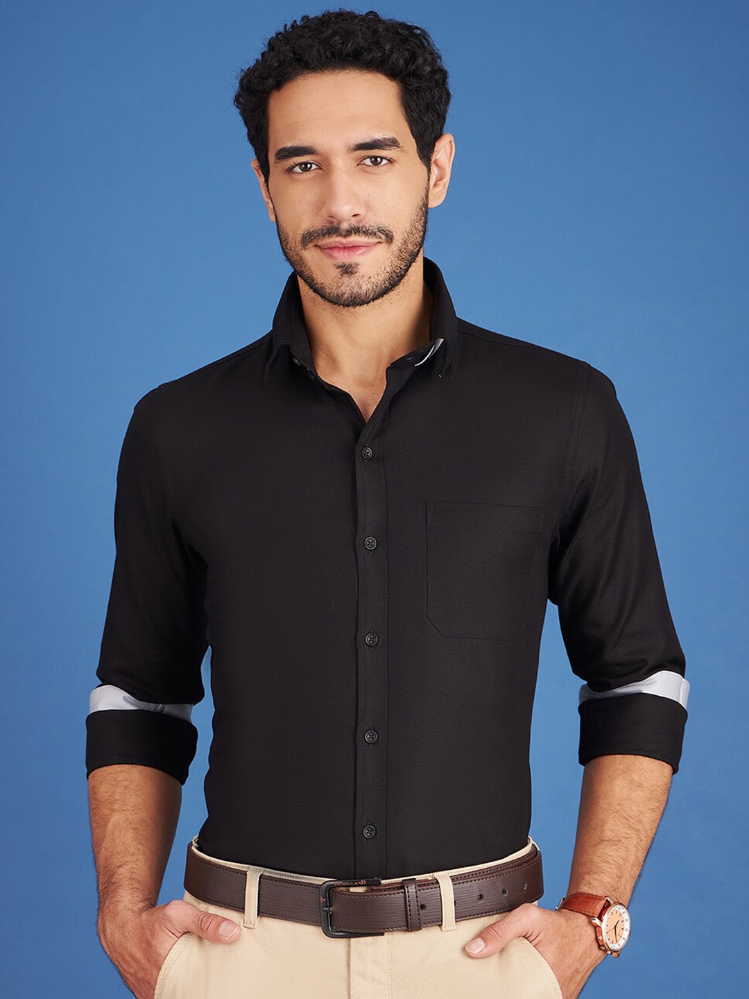 

LOUIS STITCH Comfort Ft Spread Collar Cotton Formal Shirt, Black