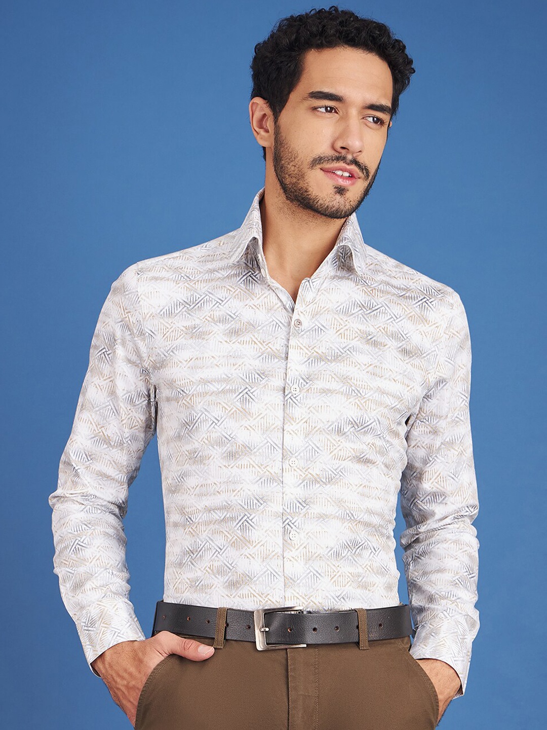 

LOUIS STITCH Comfort Geometric Printed Cotton Formal Shirt, White