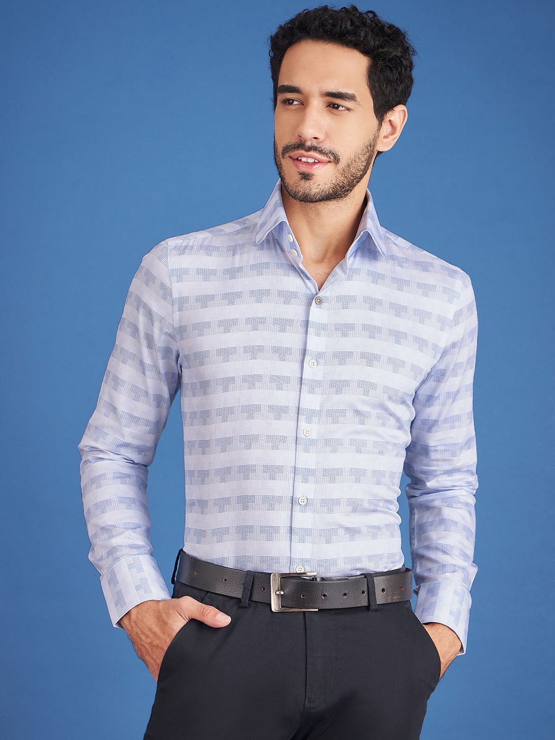 

LOUIS STITCH Comfort Fit Geometric Printed Cotton Formal Shirt, White