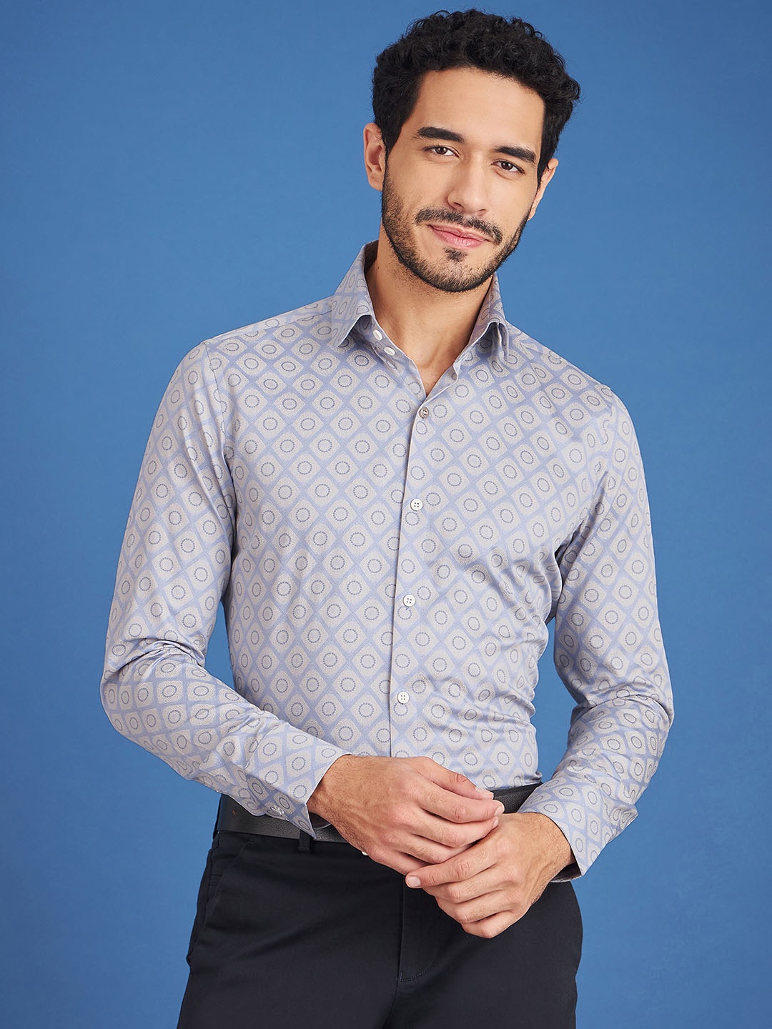 

LOUIS STITCH Comfort Geometric Printed Cotton Formal Shirt, Blue