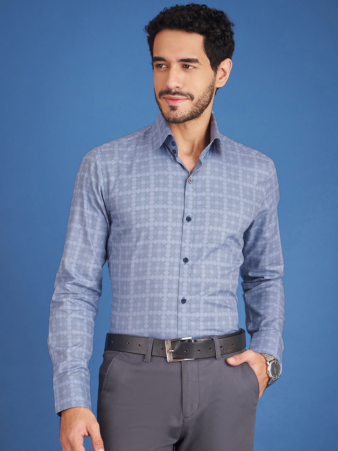 

LOUIS STITCH Comfort Geometric Printed Cotton Formal Shirt, Blue