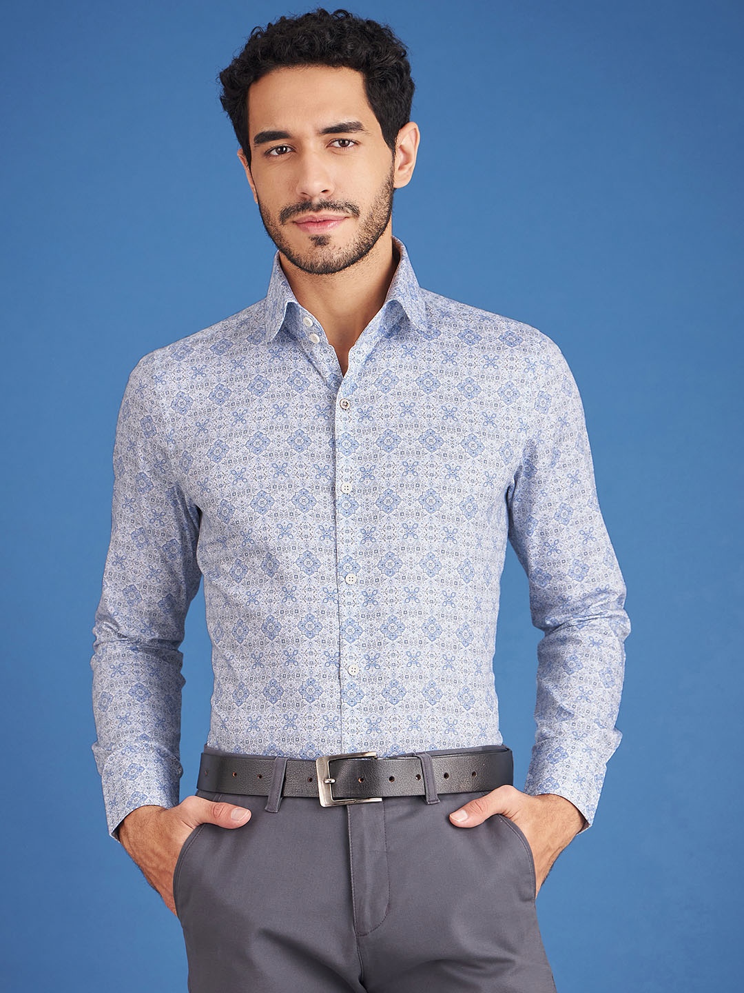 

LOUIS STITCH Comfort Ethnic Motifs Printed Cotton Formal Shirt, White