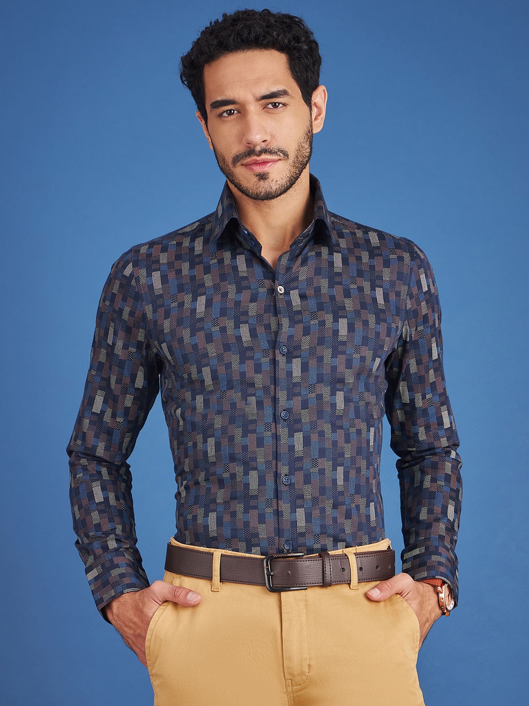 LOUIS STITCH Comfort Geometric Printed Cotton Formal Shirt, Navy blue
