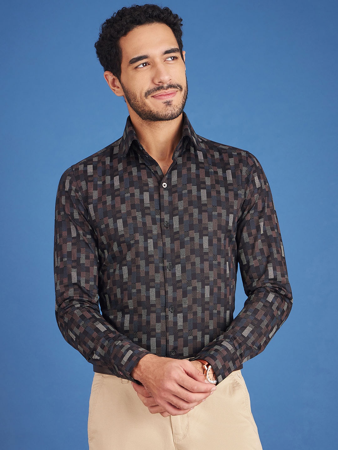 LOUIS STITCH Comfort Geometric Printed Cotton Formal Shirt, Black