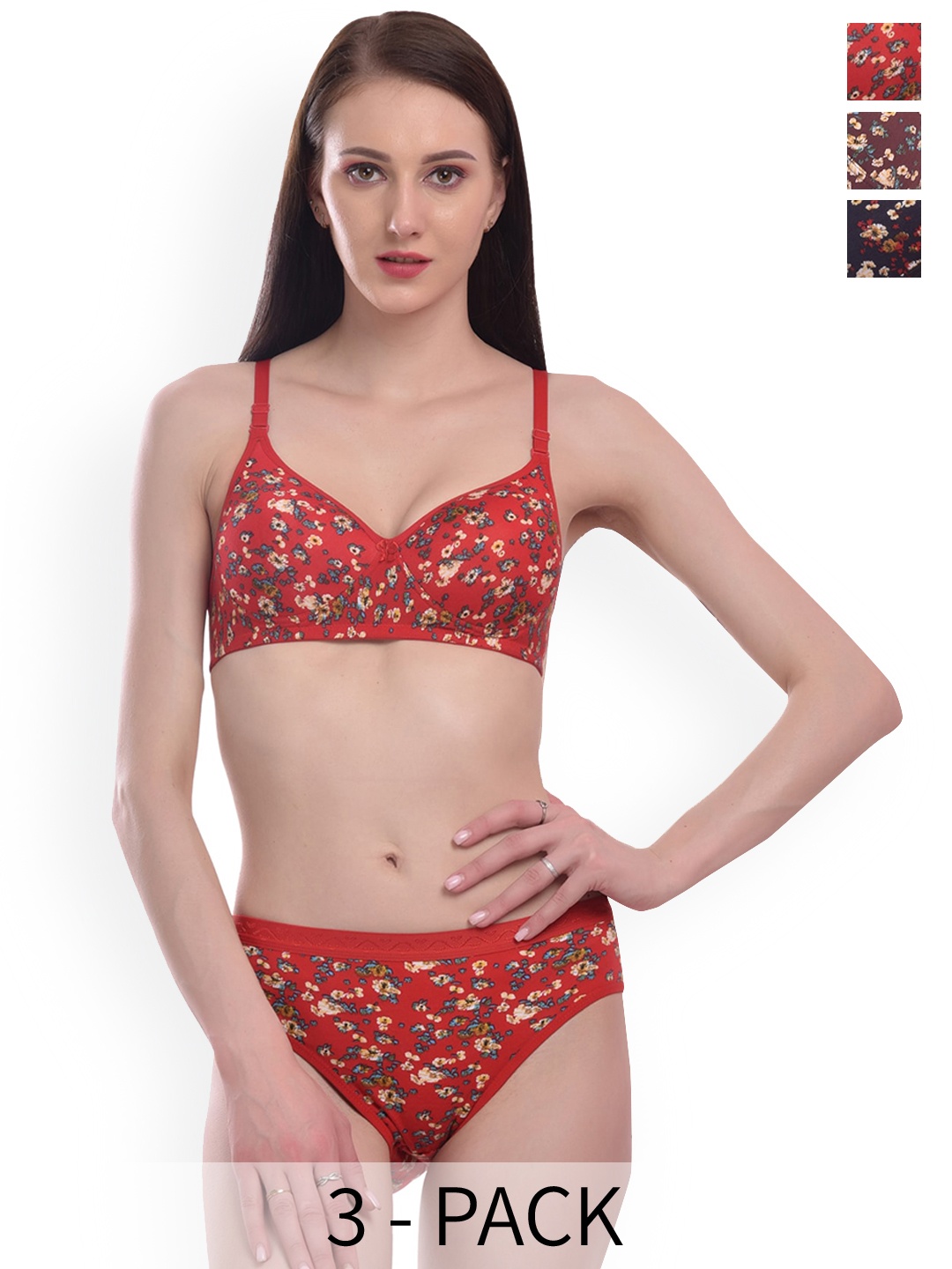 

Extoes Pack Of 3 Printed Cotton Lingerie Sets, Red