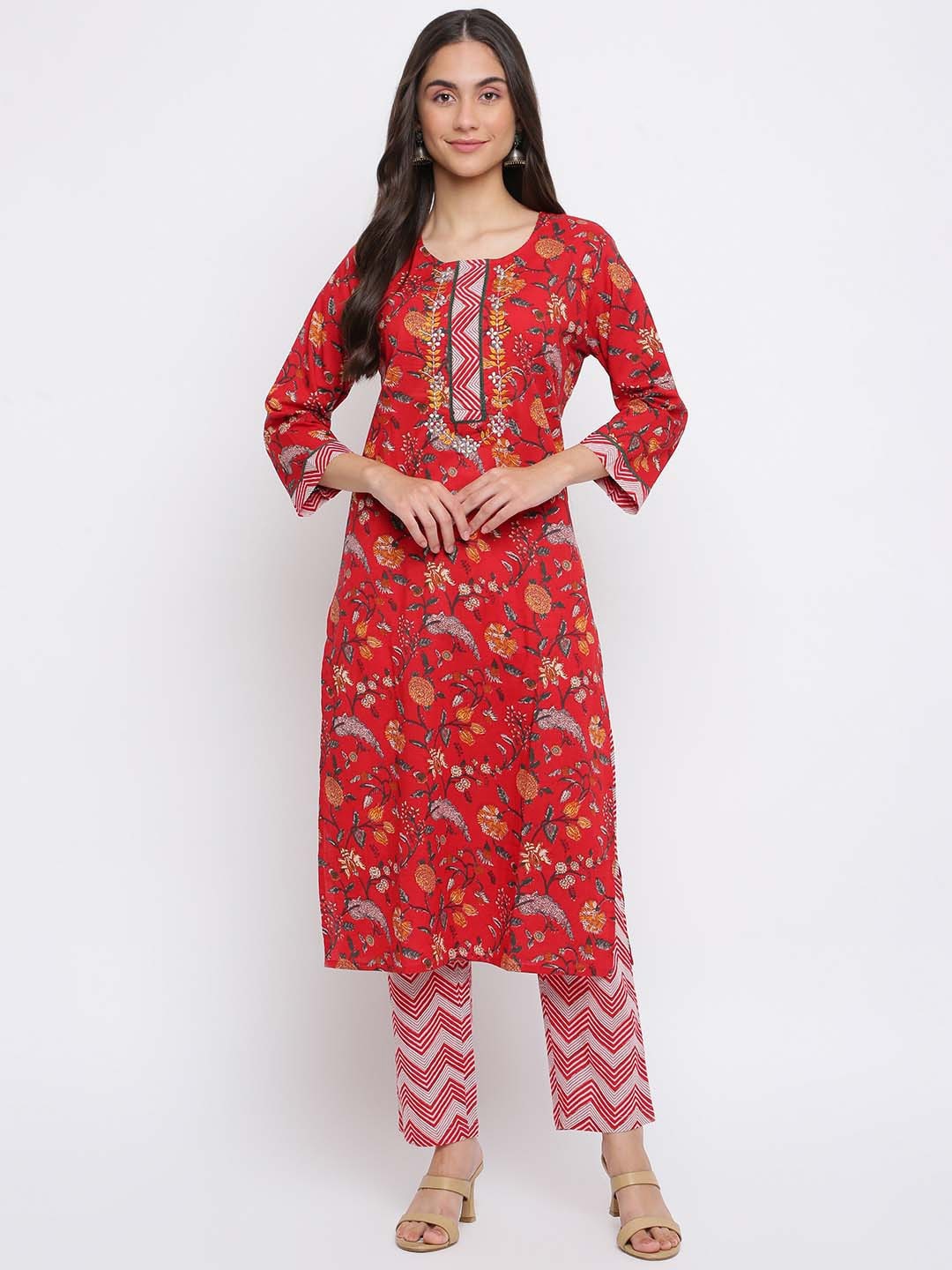 

INDIAN KNOTS Floral Printed Thread Work Pure Cotton Kurta with Trousers, Red