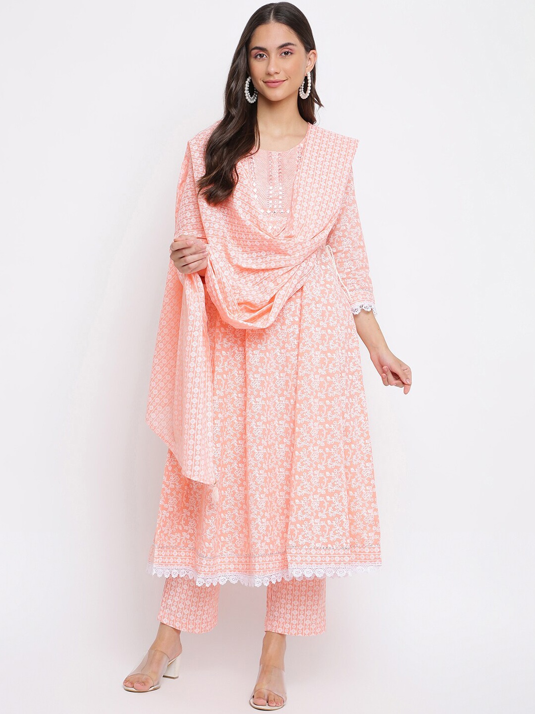 

INDIAN KNOTS Floral Printed Mirror Work Pure Cotton Kurta With Trousers & Dupatta, Peach