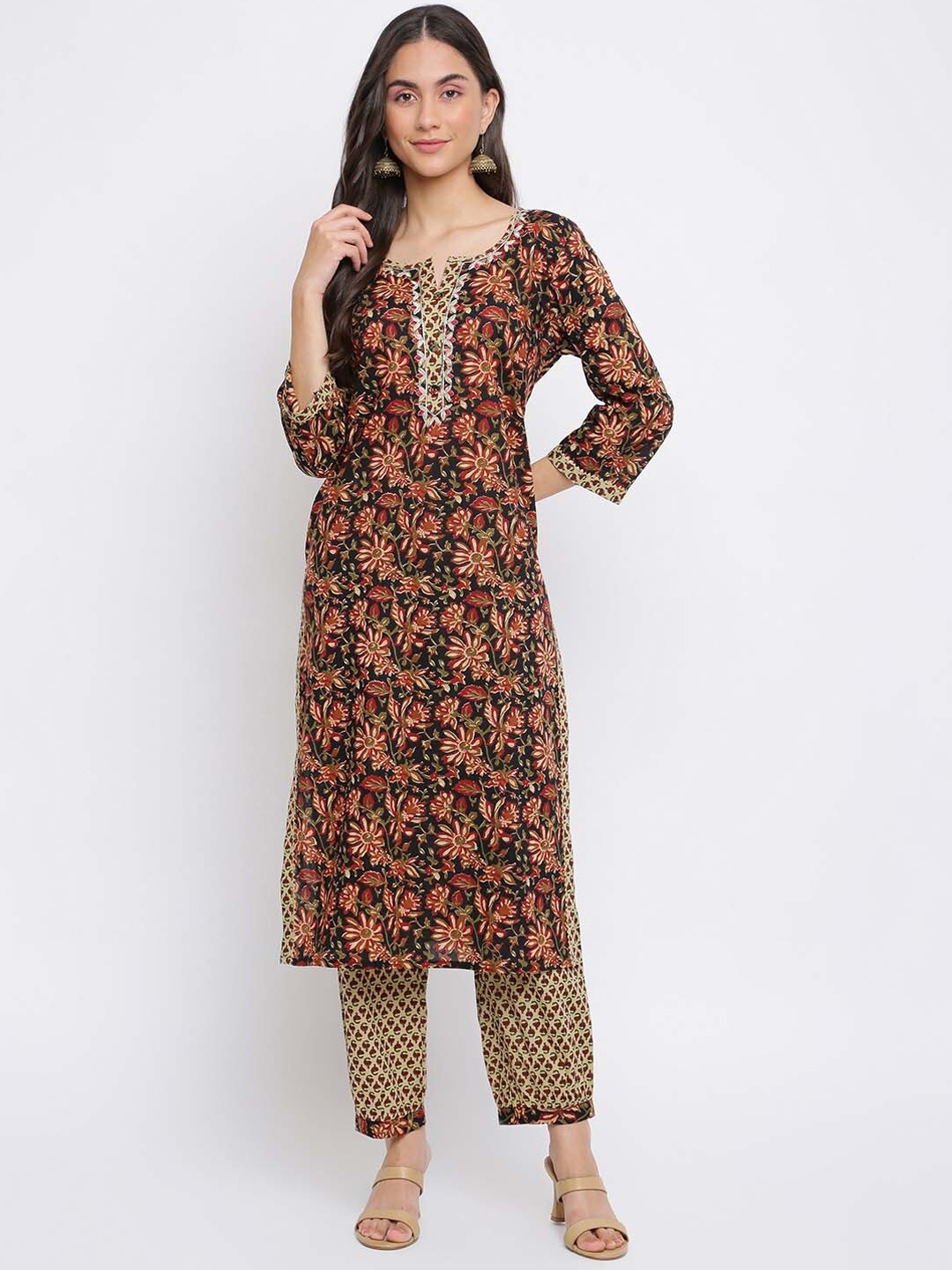 

INDIAN KNOTS Floral Printed Thread Work Pure Cotton Kurta with Trousers, Brown