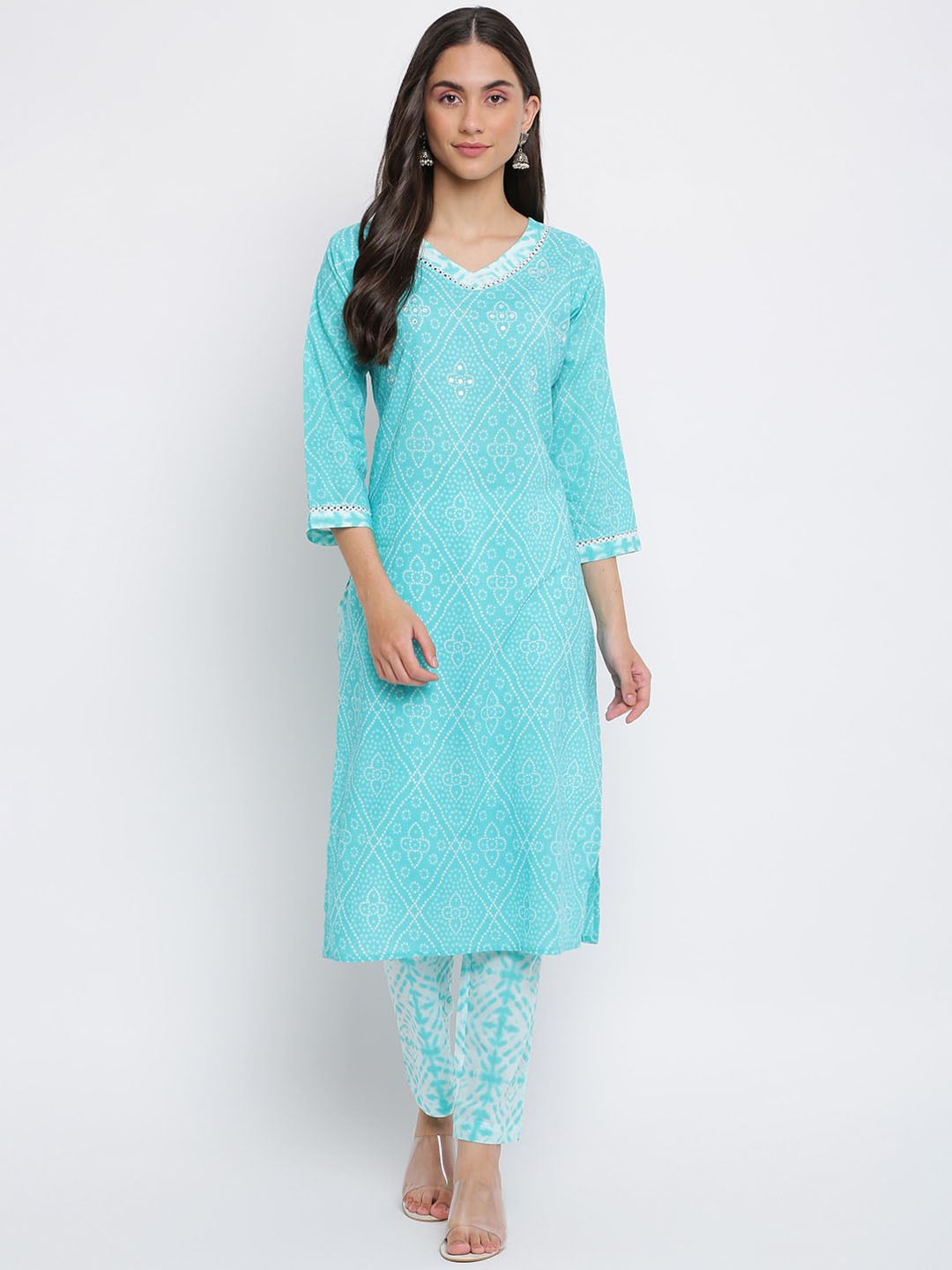 

INDIAN KNOTS Bandarin Printed Pure Cotton Kurta With Trousers & Pure Cotton, Turquoise blue