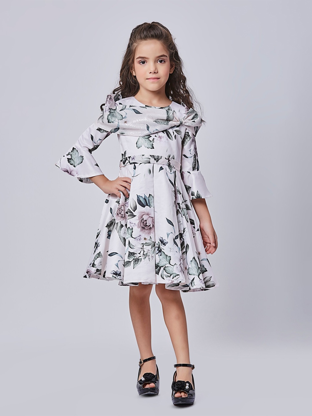 

Peppermint Girls Floral Printed Bell Sleeves Sequined Detail Fit and Flare Dress, Off white