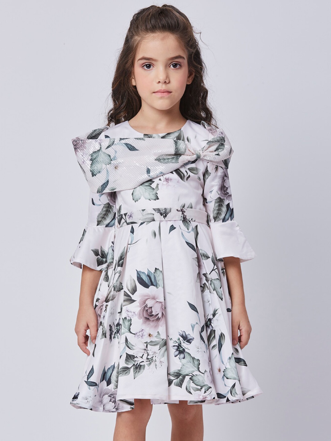 

Peppermint Floral Printed Bell Sleeves Fit and Flare Dress, Cream