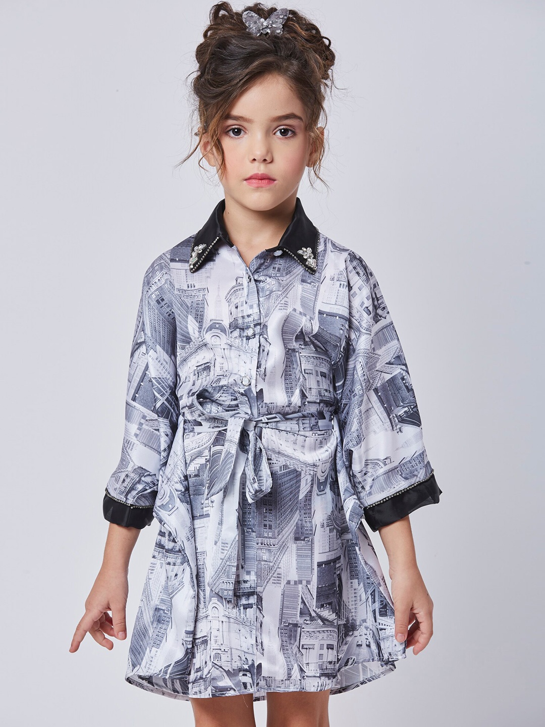 

Peppermint Girls Embellished Shirt Collar Shirt Dress, Black