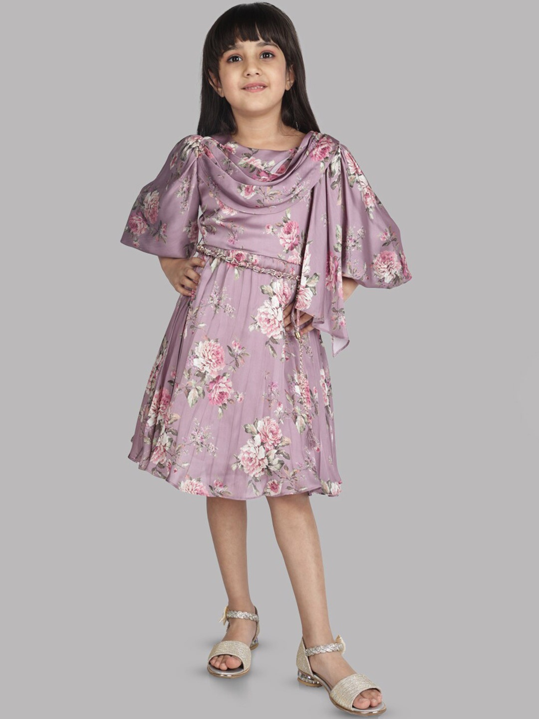 

Peppermint Girls Floral Printed Puff Sleeves Gathered Detail A-Line Dress, Purple