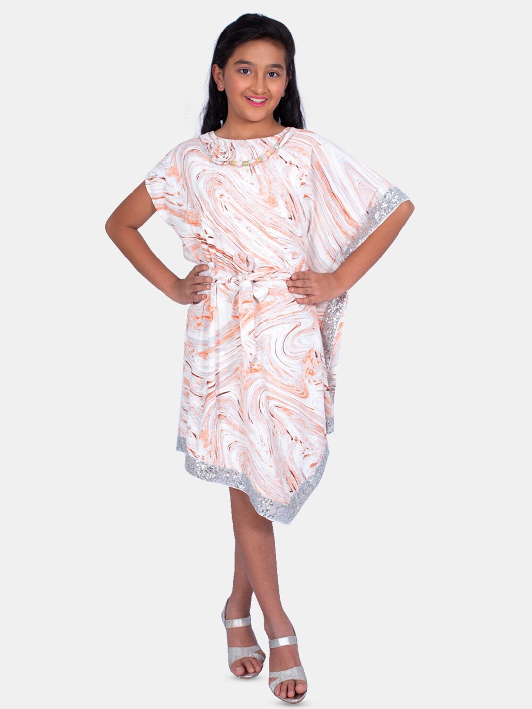 

Peppermint Abstract Printed Embellished Flared Sleeves A-Line Dress, Orange