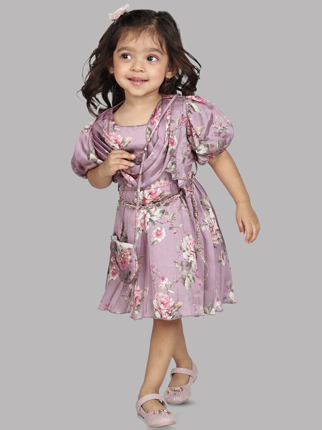 

Peppermint Girls Floral Printed Puff Sleeve Fit & Flare Midi Dress, Purple