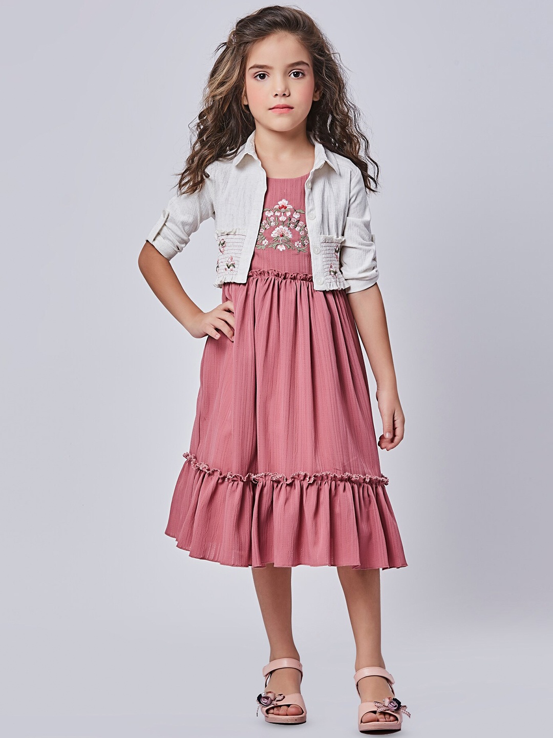 

Peppermint Girls Shoulder Straps Embroidered Detail Fit and Flare Dress, Pink