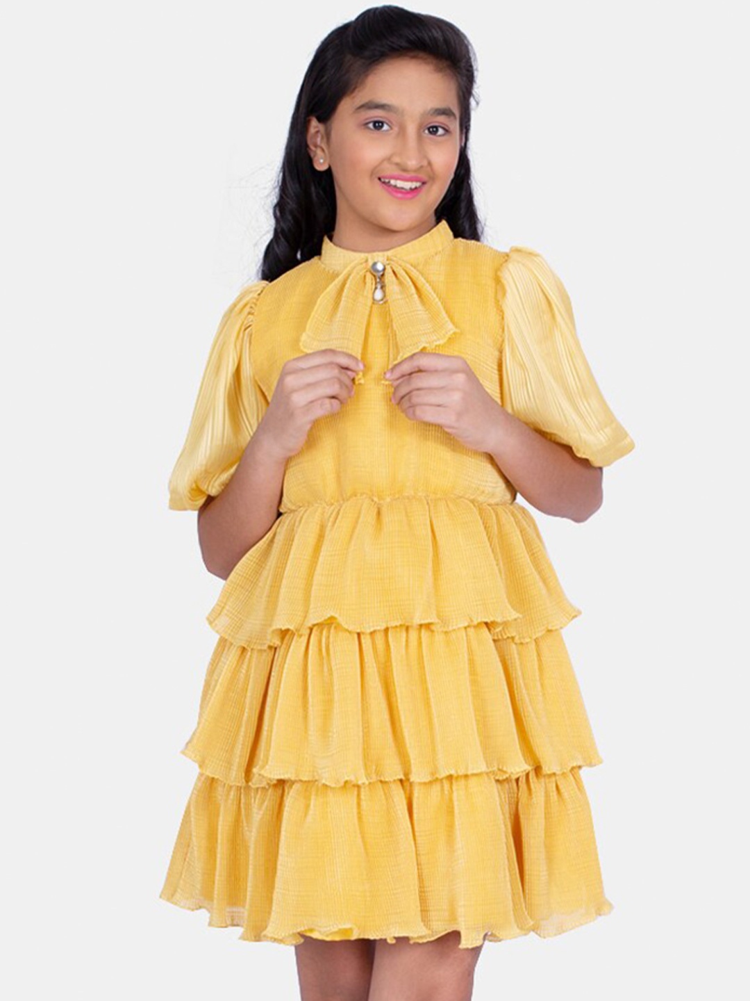 

Peppermint Girls High Neck Layered Fit & Flare Dress, Mustard