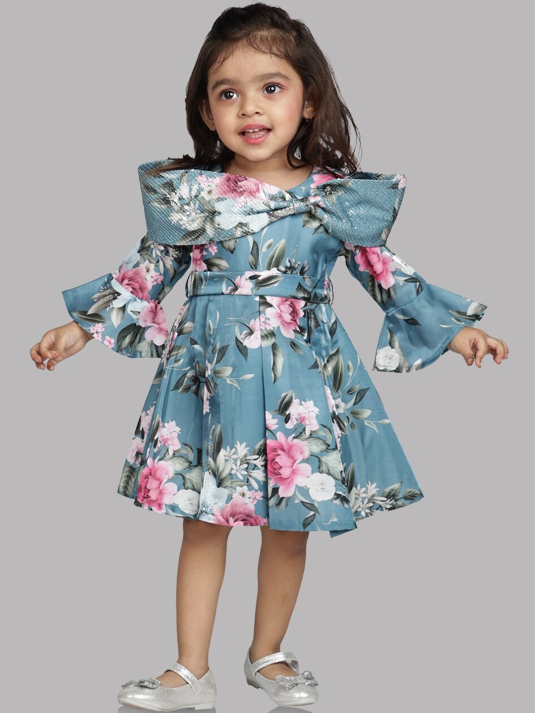 

Peppermint Floral Printed Bell Sleeves Fit and Flare Dress, Blue