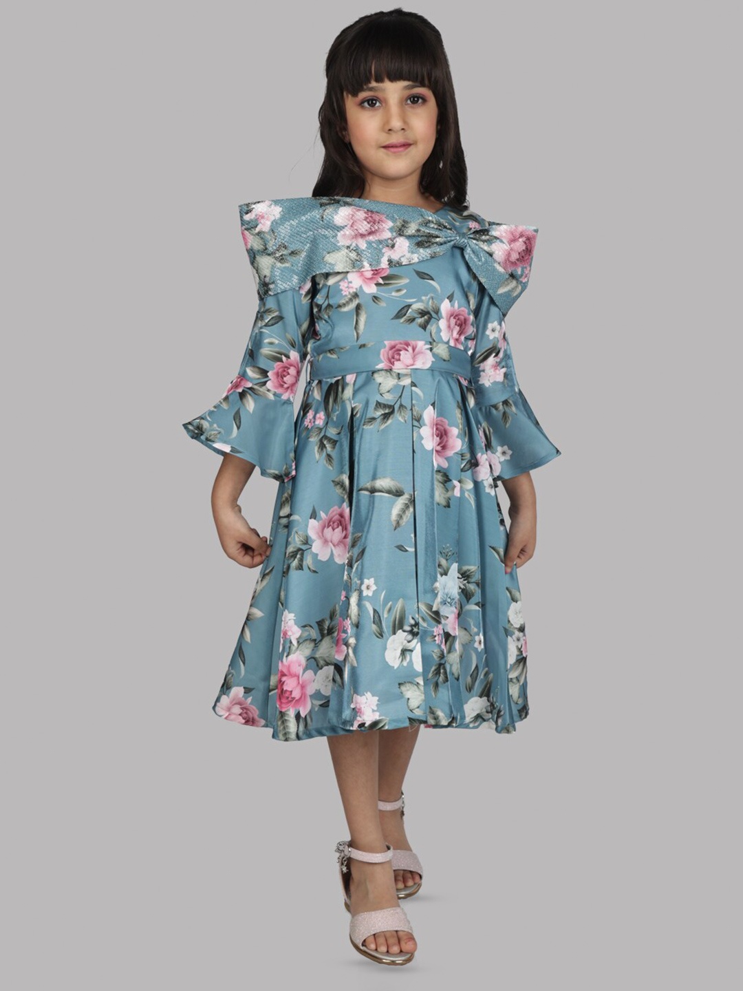

Peppermint Floral Printed Bow Detail A-Line Dress With Belt, Teal