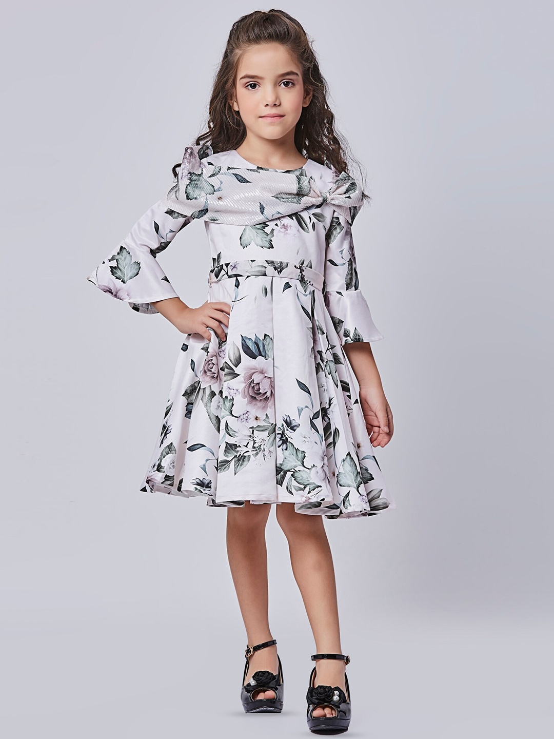 

Peppermint Girls Floral Printed Belll Sleeves Sequined Detail Fit and Flare Dress, Off white