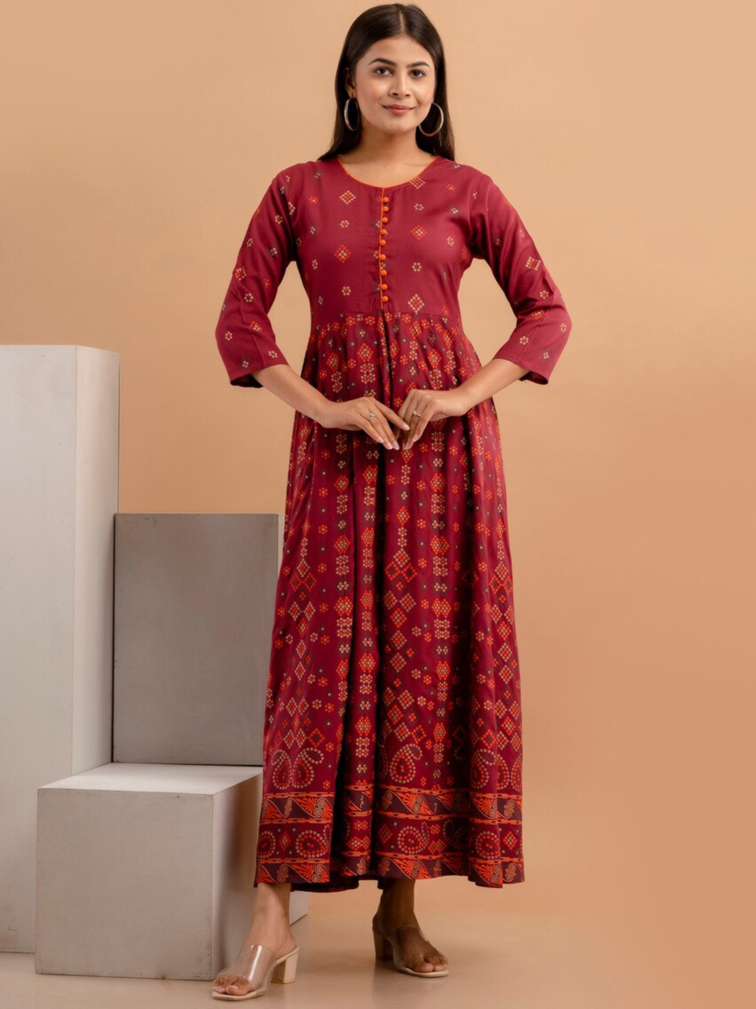 

KALINI Ethnic Motifs Printed Round Neck Anarkali Kurta, Maroon