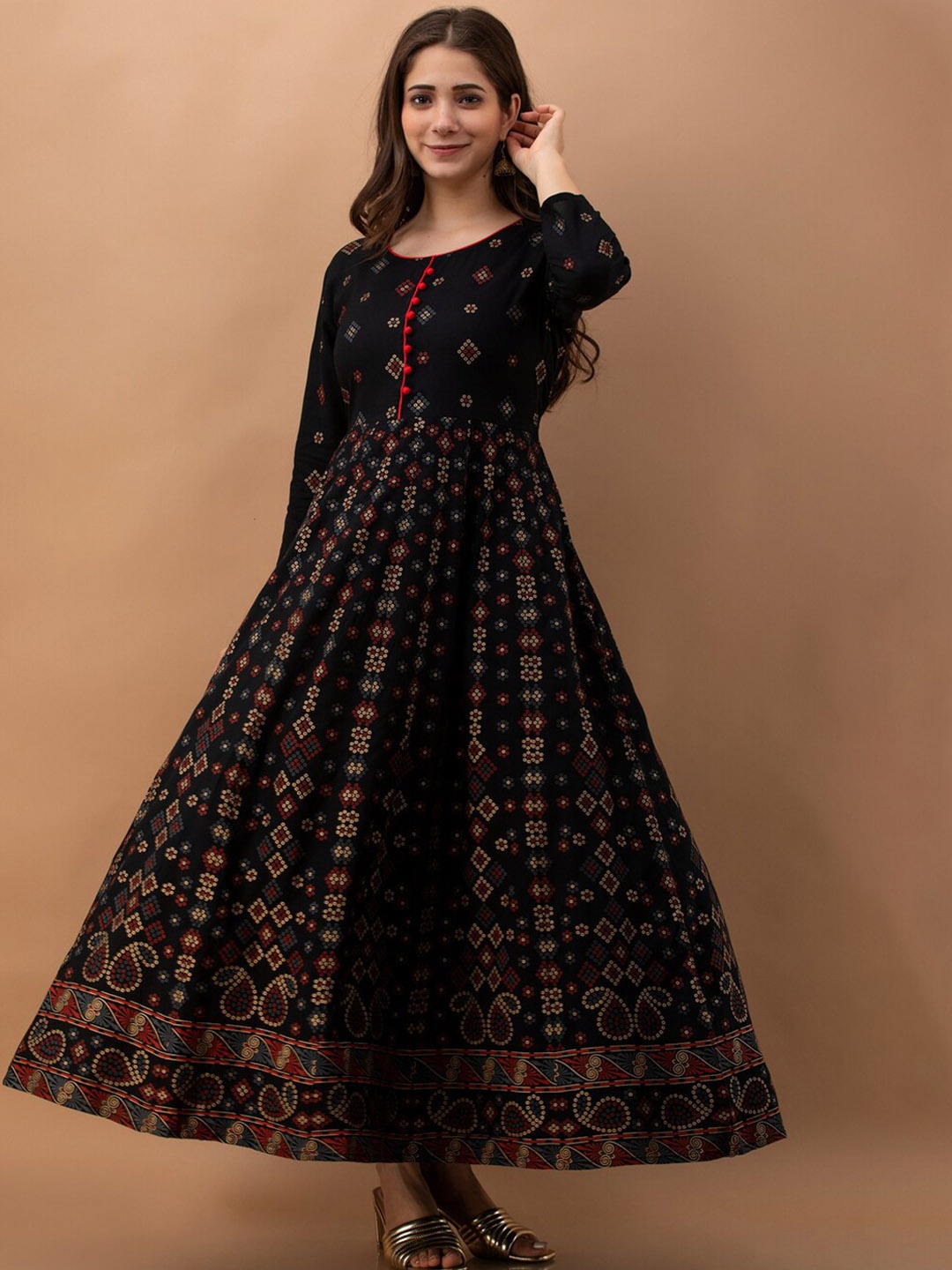 

KALINI Ethnic Motifs Printed Fit and Flare Ethnic Dress, Black