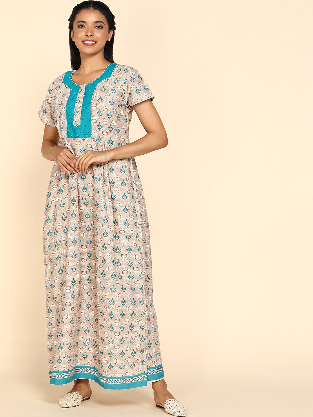 

Pranjul Printed Pure Cotton Maxi Nightdress, Beige