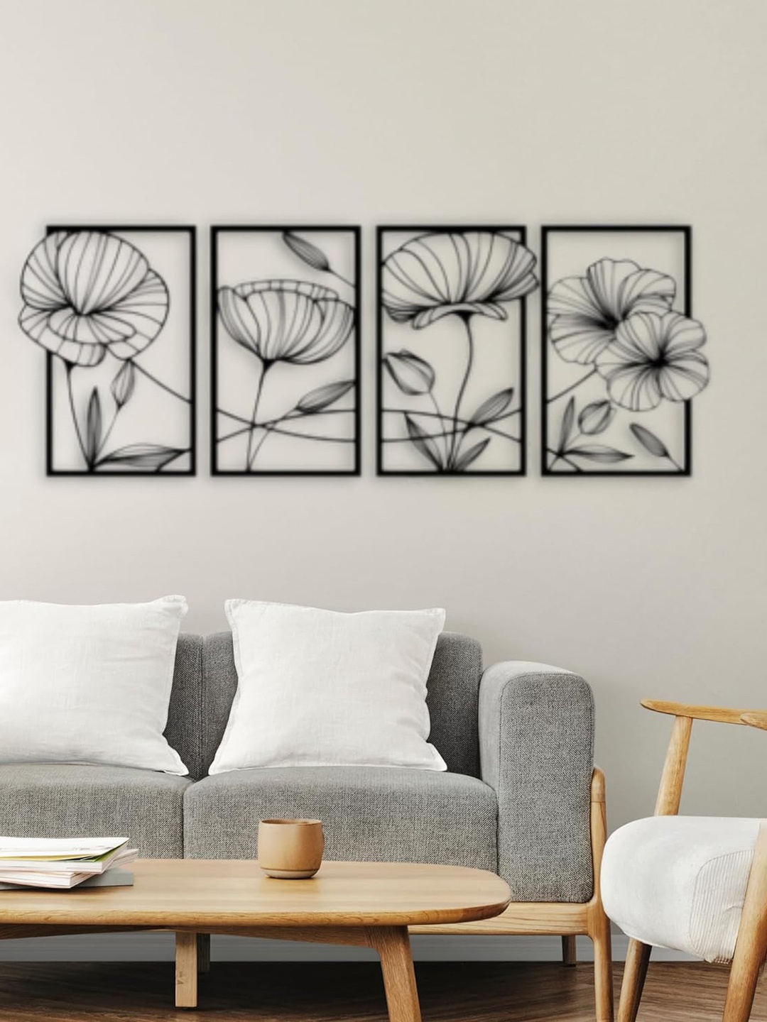 

7 Decore Black 4 Pieces Flower Design Wooden Wall Decor