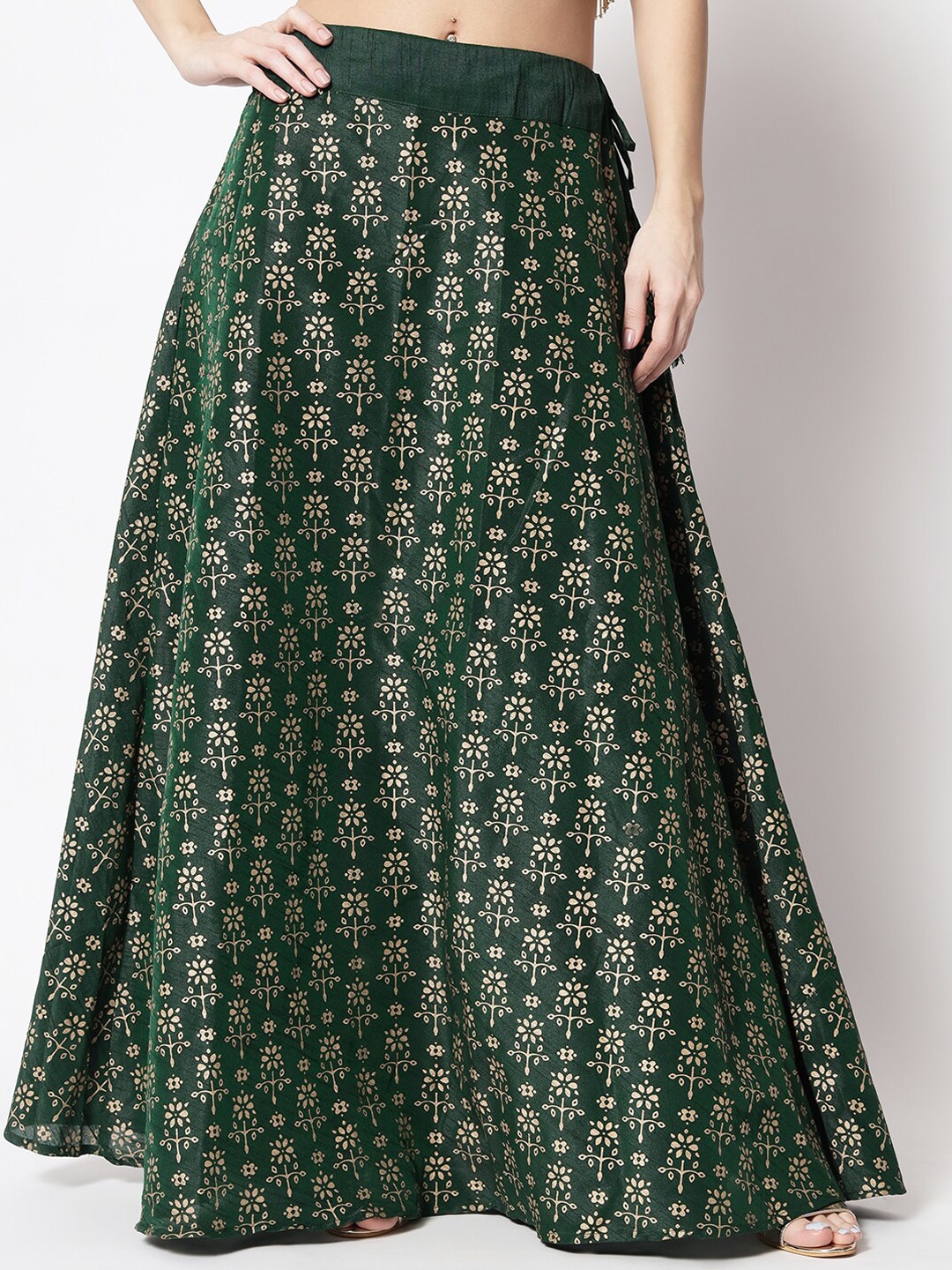 

studio rasa Ethnic Motifs Block Printed Flared Maxi Skirt, Green