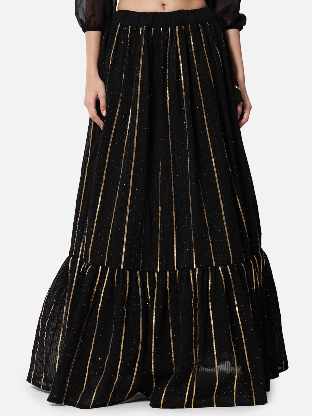 

studio rasa Striped Embellished Detailed Flared Maxi Ethnic Skirt With Can-Can, Black