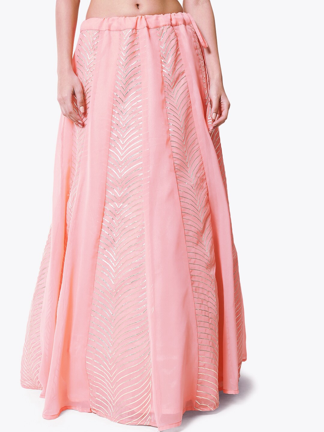 

studio rasa Striped Embellished Detailed Flared Maxi Ethnic Skirt With Can-Can, Pink