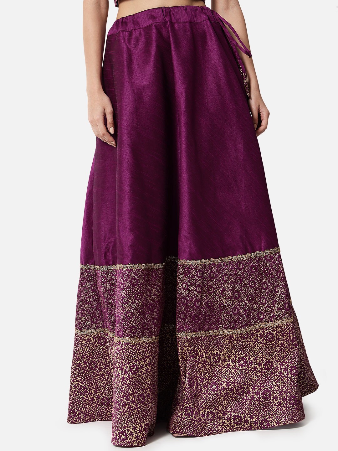 

studio rasa Ethnic Motifs Printed Embellished Detailed Flared Maxi Ethnic Skirt, Purple