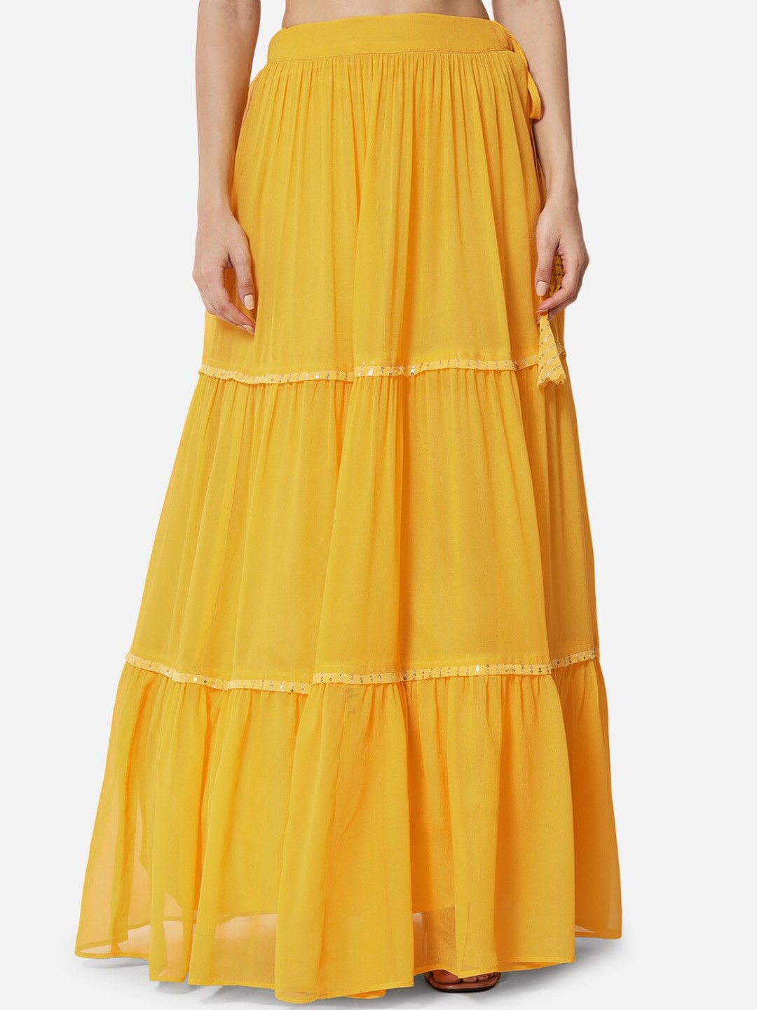 

studio rasa Gathered Detailed Tiered Maxi Ethnic Skirt With Can-Can, Yellow