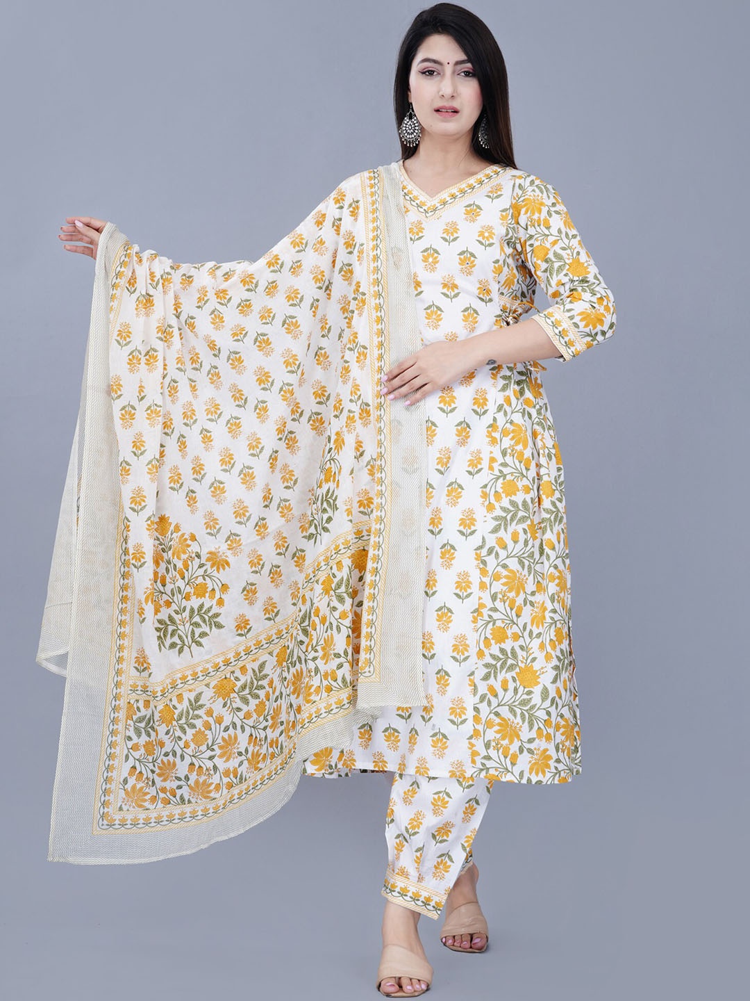 

TREND ME Floral Printed Pure Cotton Kurta With Salwar & Dupatta, White