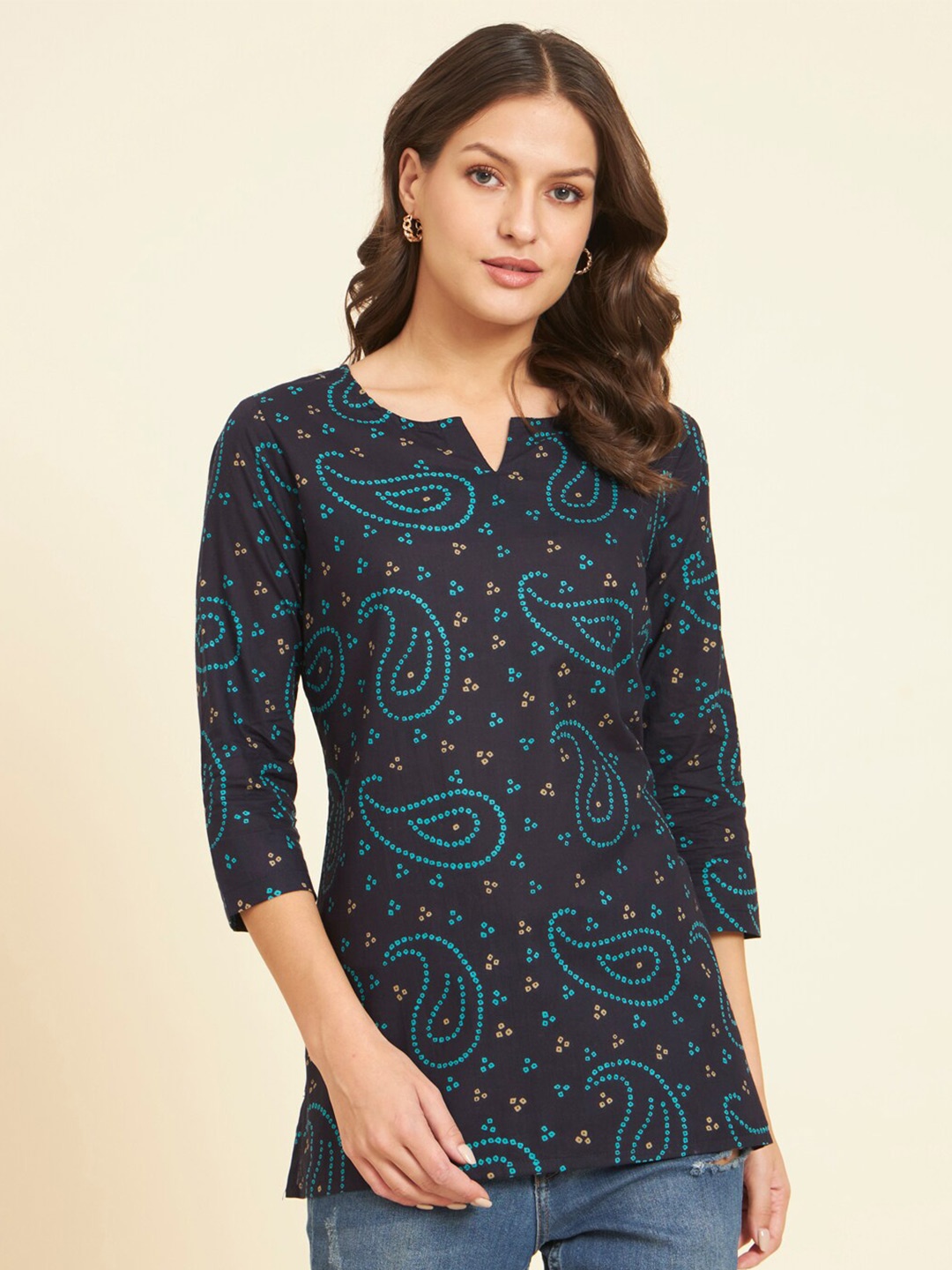

HERE&NOW Navy Blue Paisley Printed Pure Cotton Straight Kurti
