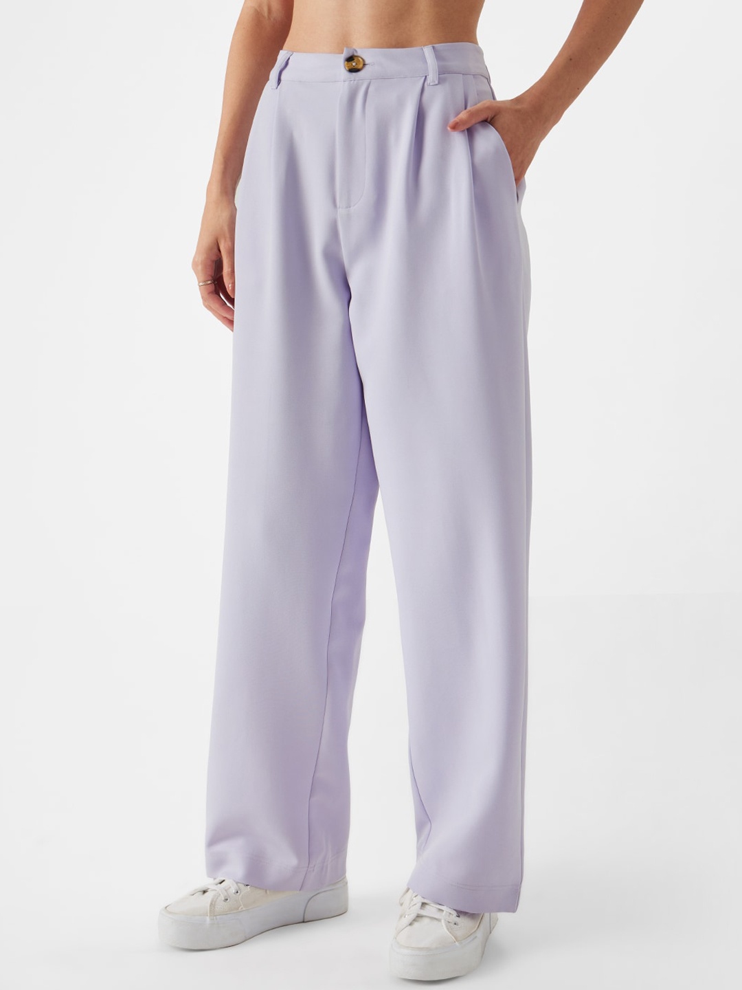 

The Souled Store Women Mid-Rise Plain Pleated Cotton Regular Trousers, Lavender