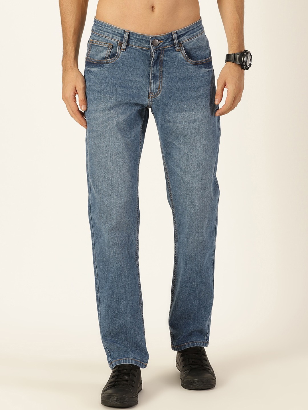

HERE&NOW Men Smart Mid Rise Light Fade Clean Look Stretchable Jeans, Blue