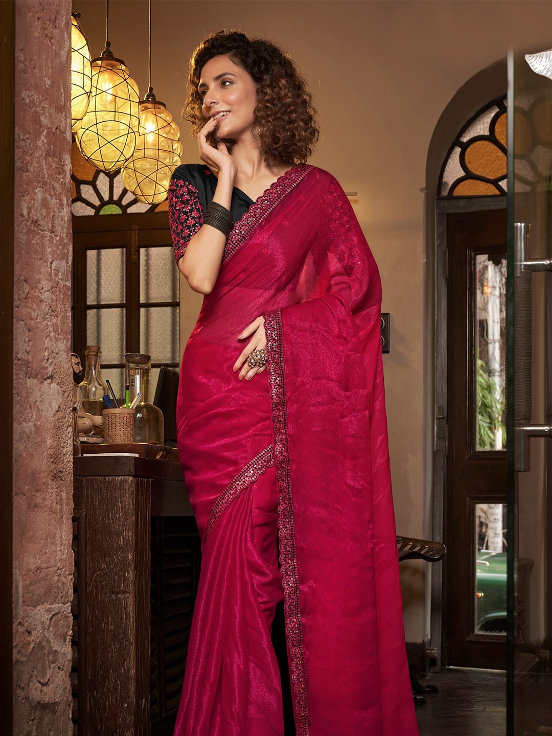 

Mitera Embroidered Border Detail Pure Chiffon Saree, Pink