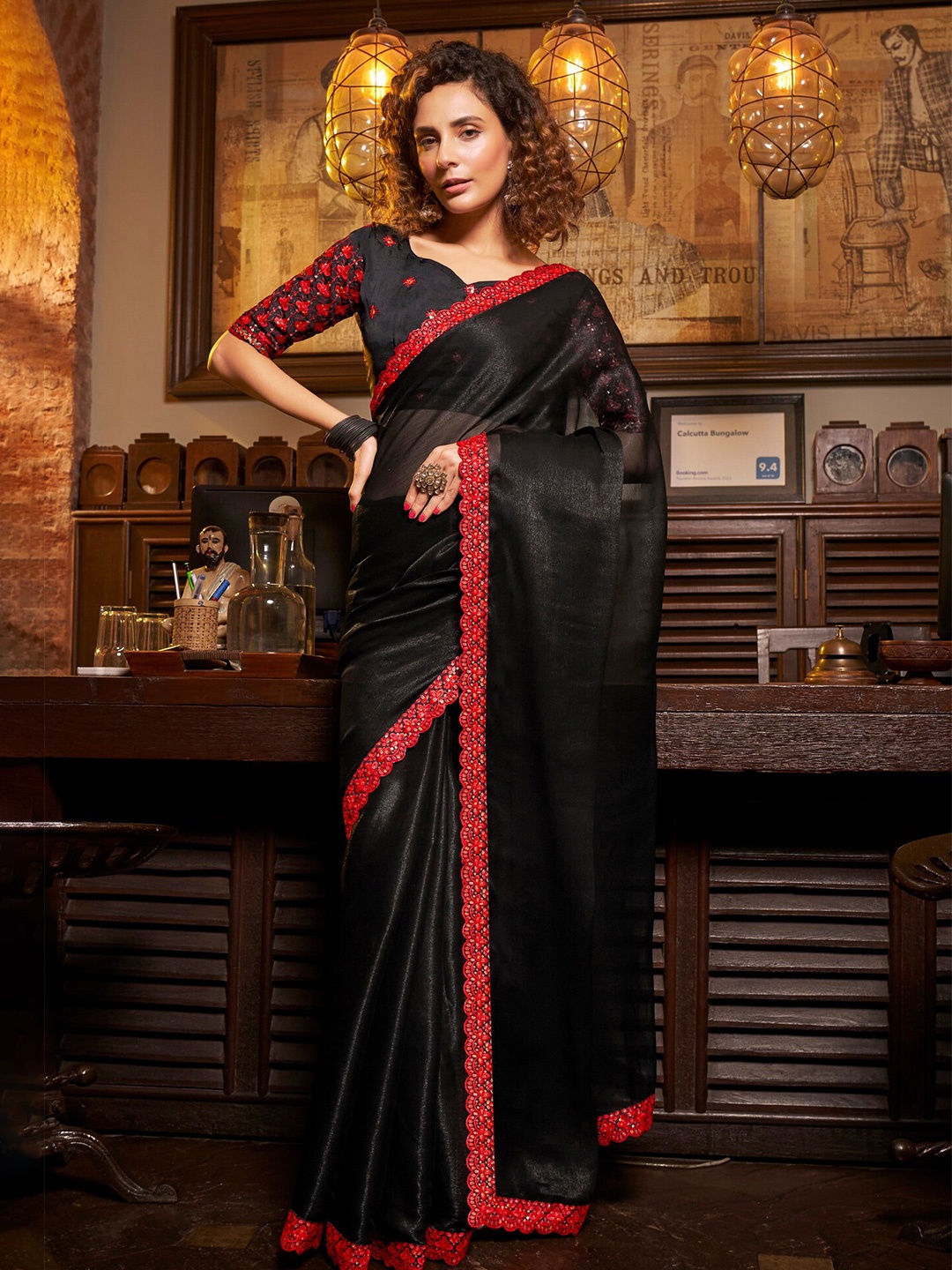 

Mitera Embroidered Border Detail Pure Chiffon Saree, Black