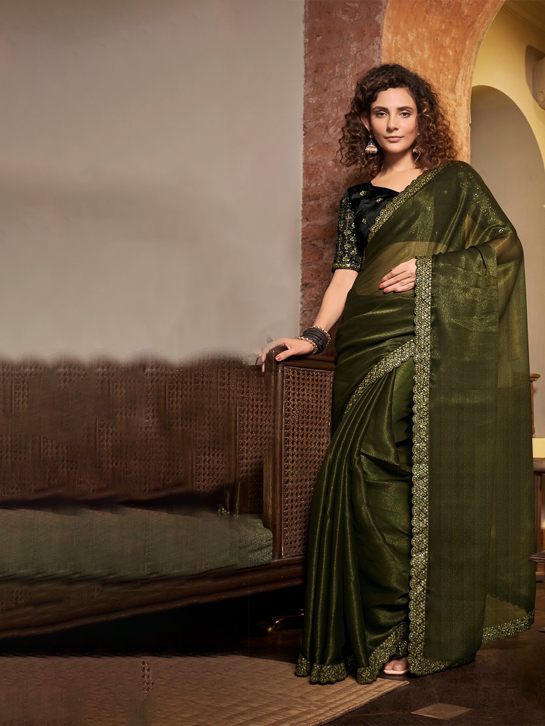 

Mitera Embroidered Border Detail Pure Chiffon Saree, Green