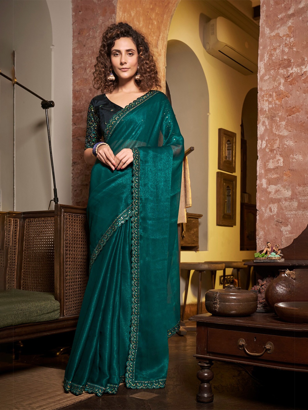 

Mitera Embroidered Border Detail Pure Chiffon Saree, Teal